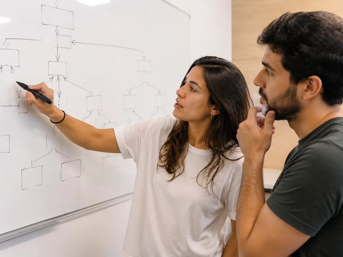 Duas pessoas riscando no quadro branco o esqueleto de uma tese